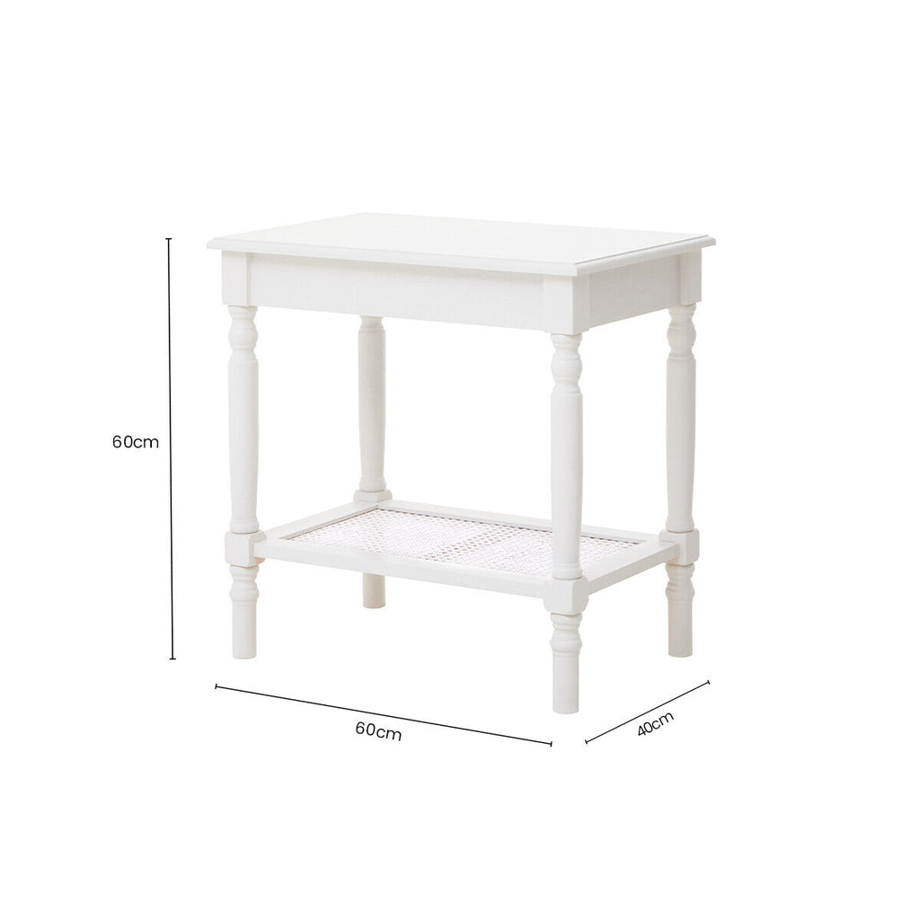 White Wooden 2-Tier Side Table with Cane Rattan Webbing Detail and Carved Legs | Heritage