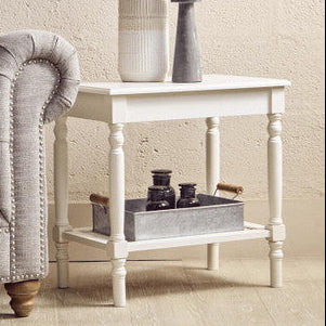 White Wooden 2-Tier Side Table with Cane Rattan Webbing Detail and Carved Legs | Heritage