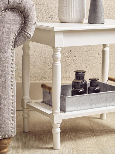 White Wooden 2-Tier Side Table with Cane Rattan Webbing Detail and Carved Legs | Heritage