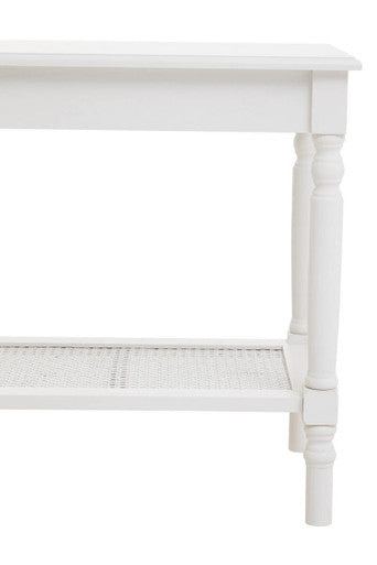 White Wooden 2-Tier Side Table with Cane Rattan Webbing Detail and Carved Legs | Heritage