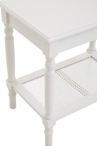 White Wooden 2-Tier Side Table with Cane Rattan Webbing Detail and Carved Legs | Heritage