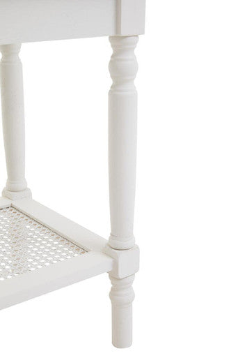 White Wooden 2-Tier Side Table with Cane Rattan Webbing Detail and Carved Legs | Heritage