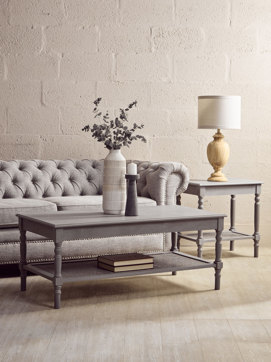 Slate Grey Wooden Coffee Table with Cane Webbed Lower Shelf and Carved Spindle Legs | Heritage