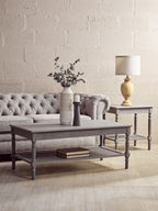 Slate Grey Wooden Coffee Table with Cane Webbed Lower Shelf and Carved Spindle Legs | Heritage