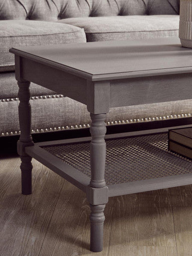 Slate Grey Wooden Coffee Table with Cane Webbed Lower Shelf and Carved Spindle Legs | Heritage