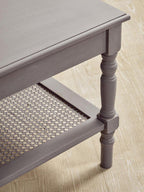 Slate Grey Wooden Coffee Table with Cane Webbed Lower Shelf and Carved Spindle Legs | Heritage