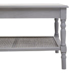 Slate Grey Wooden Coffee Table with Cane Webbed Lower Shelf and Carved Spindle Legs | Heritage
