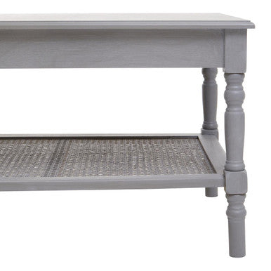 Slate Grey Wooden Coffee Table with Cane Webbed Lower Shelf and Carved Spindle Legs | Heritage
