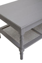 Slate Grey Wooden Coffee Table with Cane Webbed Lower Shelf and Carved Spindle Legs | Heritage