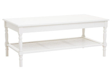 White Wooden Coffee Table with Cane Webbed Lower Shelf and Carved Spindle Legs | Heritage