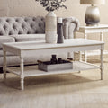 White Wooden Coffee Table with Cane Webbed Lower Shelf and Carved Spindle Legs | Heritage