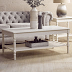 White Wooden Coffee Table with Cane Webbed Lower Shelf and Carved Spindle Legs | Heritage
