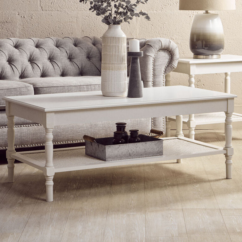 White Wooden Coffee Table with Cane Webbed Lower Shelf and Carved Spindle Legs | Heritage