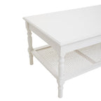 White Wooden Coffee Table with Cane Webbed Lower Shelf and Carved Spindle Legs | Heritage