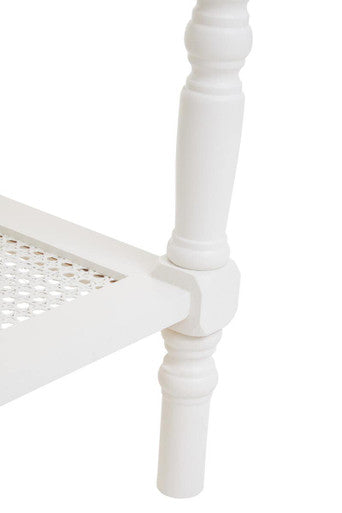 White Wooden Coffee Table with Cane Webbed Lower Shelf and Carved Spindle Legs | Heritage