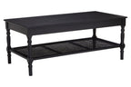Black Wooden Coffee Table with Cane Webbed Lower Shelf and Carved Spindle Legs | Heritage