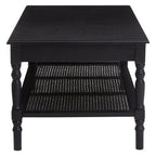 Black Wooden Coffee Table with Cane Webbed Lower Shelf and Carved Spindle Legs | Heritage
