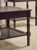Black Wooden Coffee Table with Cane Webbed Lower Shelf and Carved Spindle Legs | Heritage