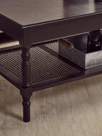 Black Wooden Coffee Table with Cane Webbed Lower Shelf and Carved Spindle Legs | Heritage