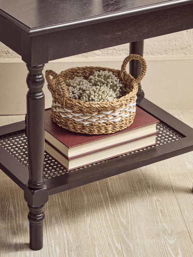 Black Wooden Coffee Table with Cane Webbed Lower Shelf and Carved Spindle Legs | Heritage