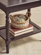 Black Wooden Coffee Table with Cane Webbed Lower Shelf and Carved Spindle Legs | Heritage