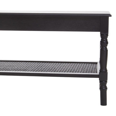 Black Wooden Coffee Table with Cane Webbed Lower Shelf and Carved Spindle Legs | Heritage