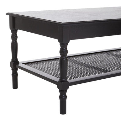 Black Wooden Coffee Table with Cane Webbed Lower Shelf and Carved Spindle Legs | Heritage