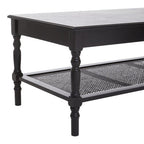 Black Wooden Coffee Table with Cane Webbed Lower Shelf and Carved Spindle Legs | Heritage