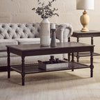 Black Wooden Coffee Table with Cane Webbed Lower Shelf and Carved Spindle Legs | Heritage