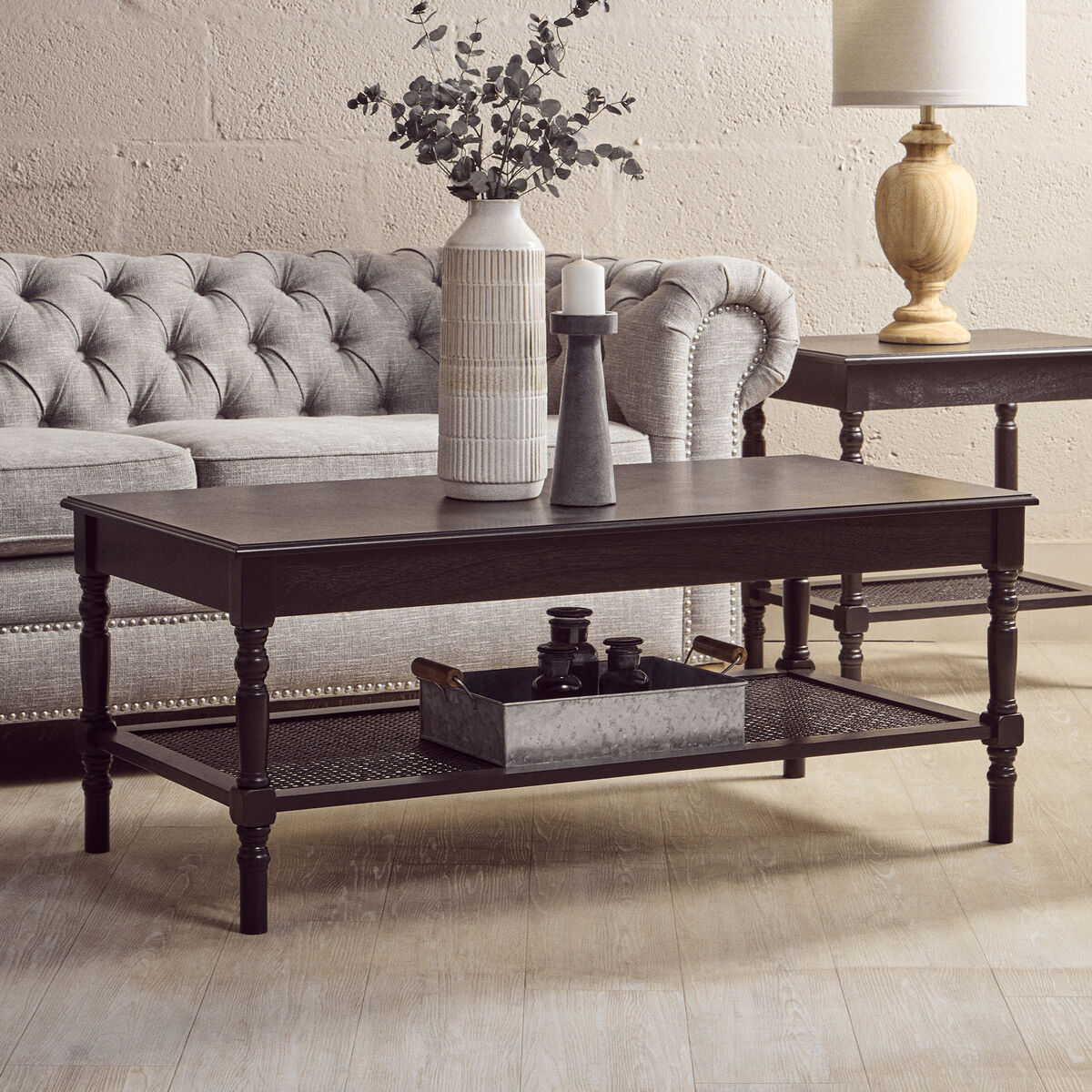 Black Wooden Coffee Table with Cane Webbed Lower Shelf and Carved Spindle Legs | Heritage
