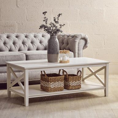 White Wooden Rectangular Coffee Table with Lower Shelf and X Frame Side Panels | Heritage