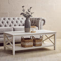 White Wooden Rectangular Coffee Table with Lower Shelf and X Frame Side Panels | Heritage