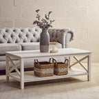 White Wooden Rectangular Coffee Table with Lower Shelf and X Frame Side Panels | Heritage