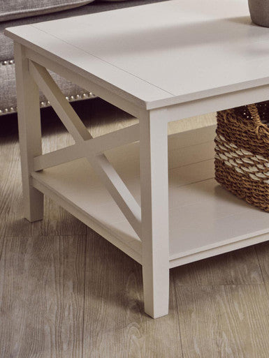 White Wooden Rectangular Coffee Table with Lower Shelf and X Frame Side Panels | Heritage
