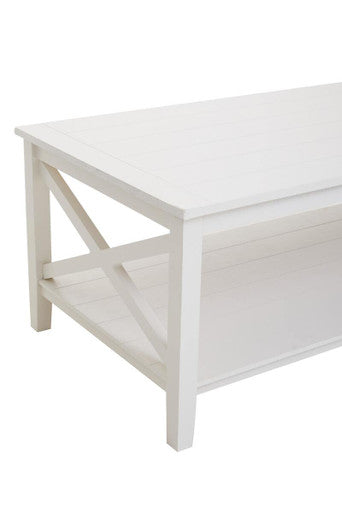 White Wooden Rectangular Coffee Table with Lower Shelf and X Frame Side Panels | Heritage