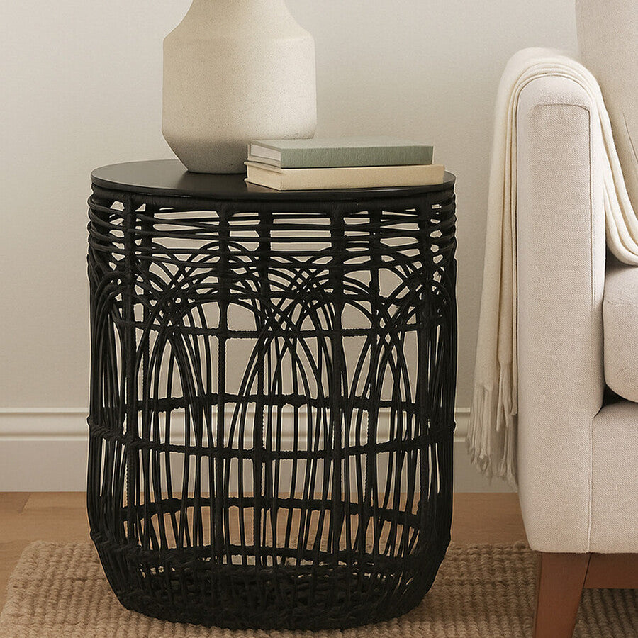 Black Round Rattan Stool or Side Table | Arles