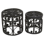 Black Natural Rattan Set of Two Nesting Tables with Tight Weave Top and Scrolled Base | Mataram
