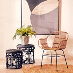 Black Natural Rattan Set of Two Nesting Tables with Tight Weave Top and Scrolled Base | Mataram