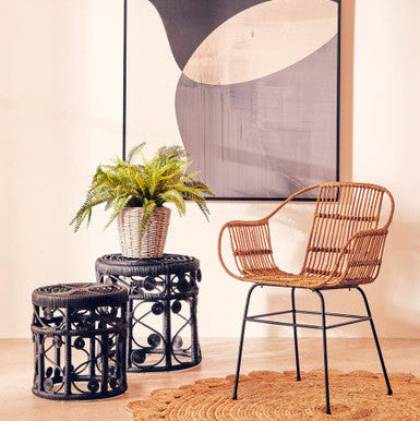 Black Natural Rattan Set of Two Nesting Tables with Tight Weave Top and Scrolled Base | Mataram
