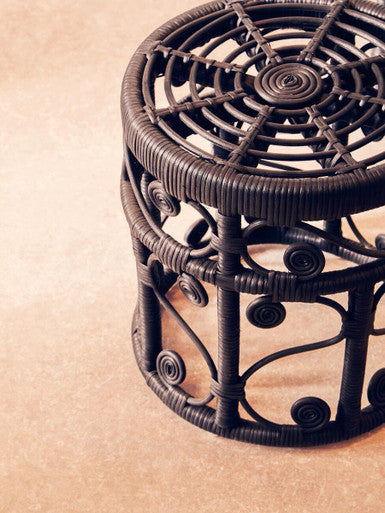 Black Natural Rattan Set of Two Nesting Tables with Tight Weave Top and Scrolled Base | Mataram