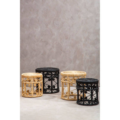Black Natural Rattan Set of Two Nesting Tables with Tight Weave Top and Scrolled Base | Mataram