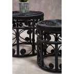 Black Natural Rattan Set of Two Nesting Tables with Tight Weave Top and Scrolled Base | Mataram