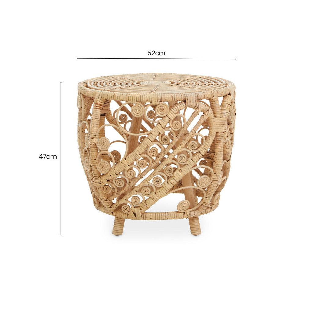 Large Natural Rattan Side Table with Tight Weave and Scrolled Detail | Mataram