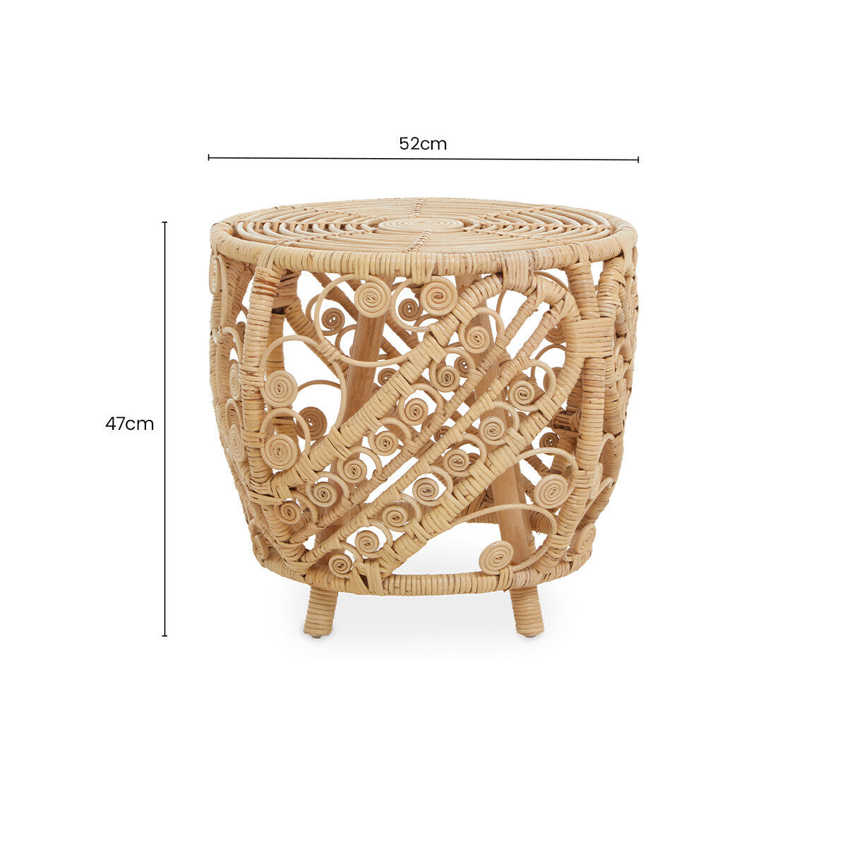 Large Natural Rattan Side Table with Tight Weave and Scrolled Detail | Mataram