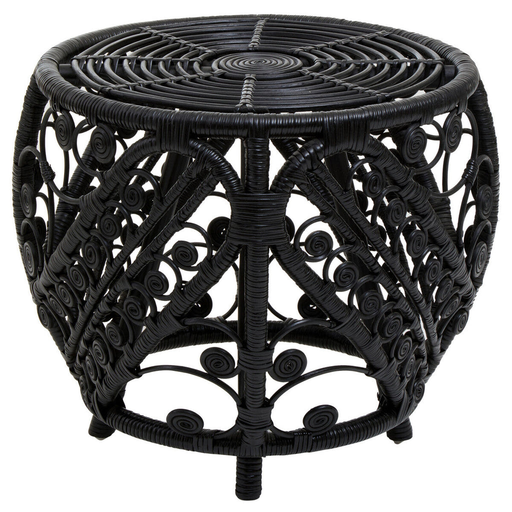 Black Natural Rattan Side Table with Tight Weave and Scrolled Detail | Mataram