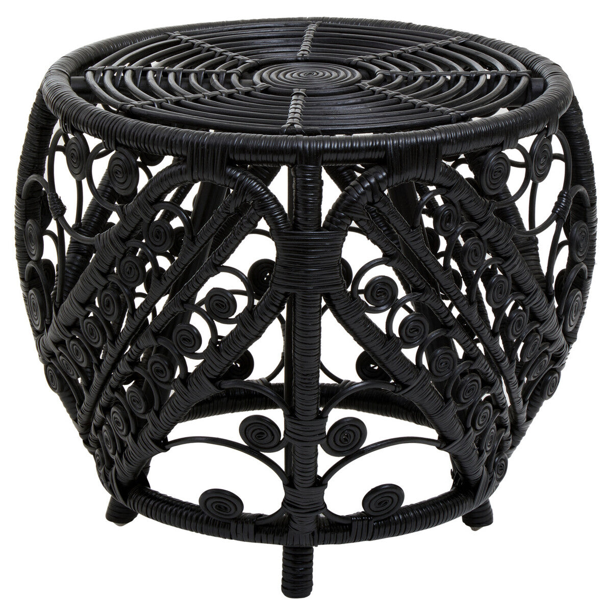 Black Natural Rattan Side Table with Tight Weave and Scrolled Detail | Mataram