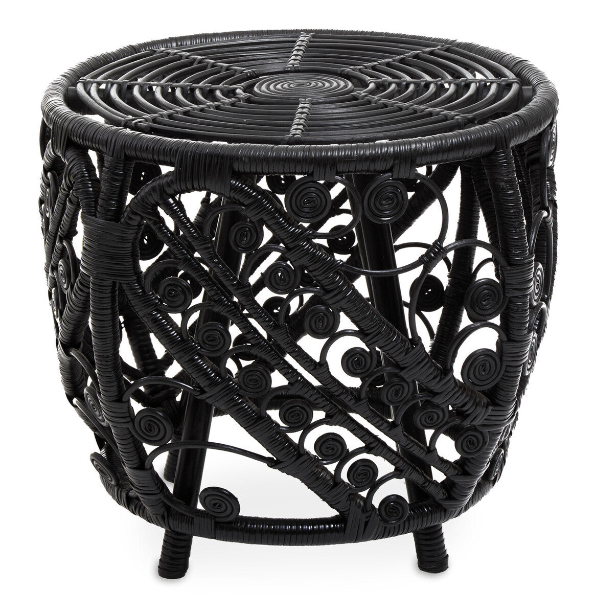 Black Natural Rattan Side Table with Tight Weave and Scrolled Detail | Mataram