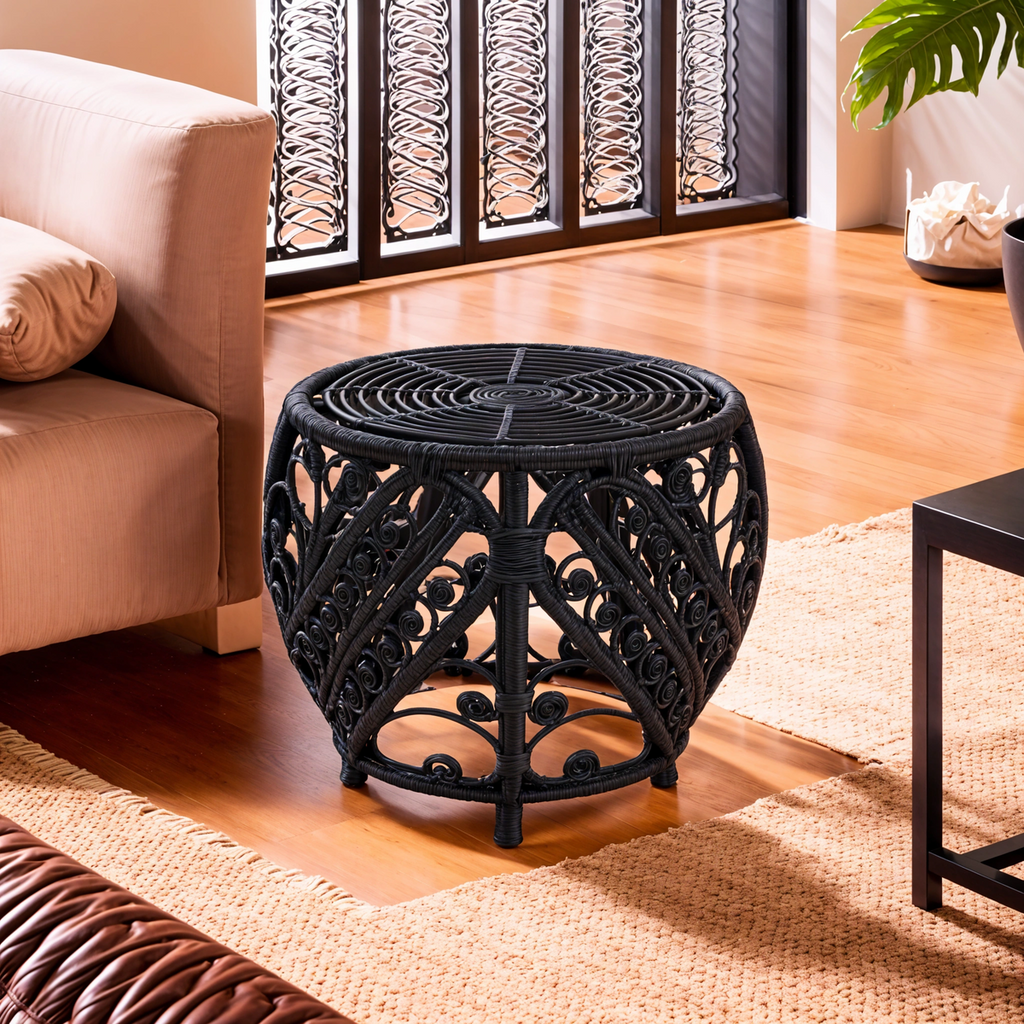 Black Natural Rattan Side Table with Tight Weave and Scrolled Detail | Mataram