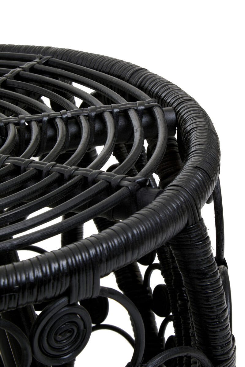 Black Natural Rattan Side Table with Tight Weave and Scrolled Detail | Mataram