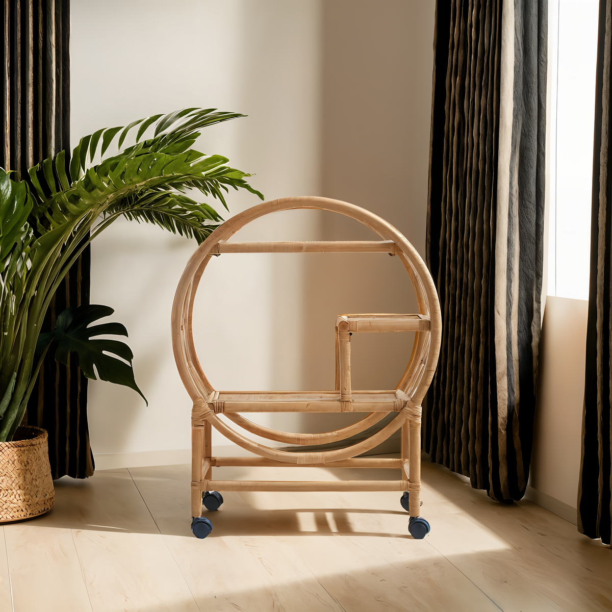 Three Tier Rattan Bar Trolley in Natural Finish | Mataram